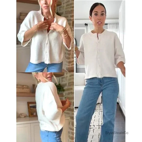 Lightweight Cropped Cardigan, Button Front, 3/4 Sleeve, Soft Knit, Regular Fit - Picture 2 of 7